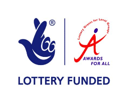 Lottery Funded logo with a blue stylized hand and "Awards For All" red logo, separated by a vertical line, and the text "LOTTERY FUNDED" below.